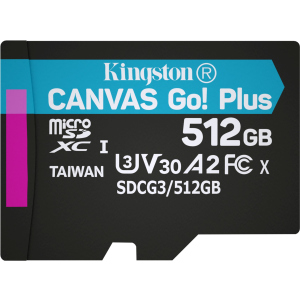 Kingston MicroSDXC 512GB Canvas Go! Plus Class 10 UHS-I U3 V30 A2 (SDCG3/512GBSP) лучшая модель в Николаеве