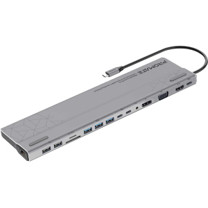 Док станция 15-в-1 Promate BaseLink-Pro USB-C PD/HDMI/VGA/DisplayPort/3xUSB 3.1/2xUSB-C 3.1/2xUSB 2.0/RJ45/SD/MicroSD/AUX 3.5 мм Grey (baselink-pro.black) в Николаеве