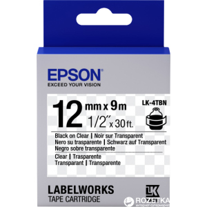 Картридж зі стрічкою Epson LabelWorks LK4TBN 12 мм / 9 м Black/Clear (C53S654012) краща модель в Миколаєві