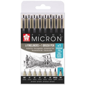 Набір лінерів Sakura Pigma Micron 6 шт 1 лінер-пензель Pigma Brush + Pigma Micron PN в подарунок в Миколаєві