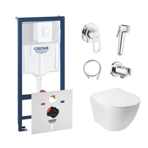 Комплект инсталляция Grohe Rapid SL 38722001 + унитаз с сиденьем Qtap Jay QT07335176W + набор для гигиенического душа со смесителем Grohe BauLoop 111042