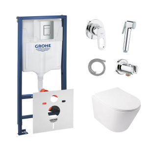 Комплект инсталляция Grohe Rapid SL 38772001 + унитаз с сиденьем Qtap Swan QT16335178W + набор для гигиенического душа со смесителем Grohe BauLoop 111042 ТОП в Николаеве