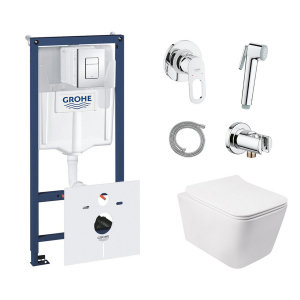 Комплект инсталляция Grohe Rapid SL 38827000 + унитаз с сиденьем Qtap Crow QT05335170W + набор для гигиенического душа со смесителем Grohe BauLoop 111042 в Николаеве