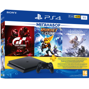 Ігрова приставка PlayStation 4 1ТБ Black у комплекті з 3 іграми та підпискою PS Plus (Ratchet &amp; Clank + Horizon Zero Dawn + Gran Turismo Sport + PS Plus 3 місяці) в Миколаєві