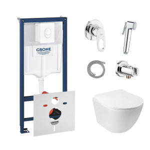 Комплект инсталляция Grohe Rapid SL 38722001 + унитаз с сиденьем Qtap Jay QT07335176W + набор для гигиенического душа со смесителем Grohe BauLoop 111042 лучшая модель в Николаеве