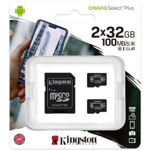 Kingston microSDHC 2х32GB Canvas Select Plus Class 10 UHS-I U1 V10 A1 + SD-адаптер (SDCS2/32GB-2P1A) в Миколаєві